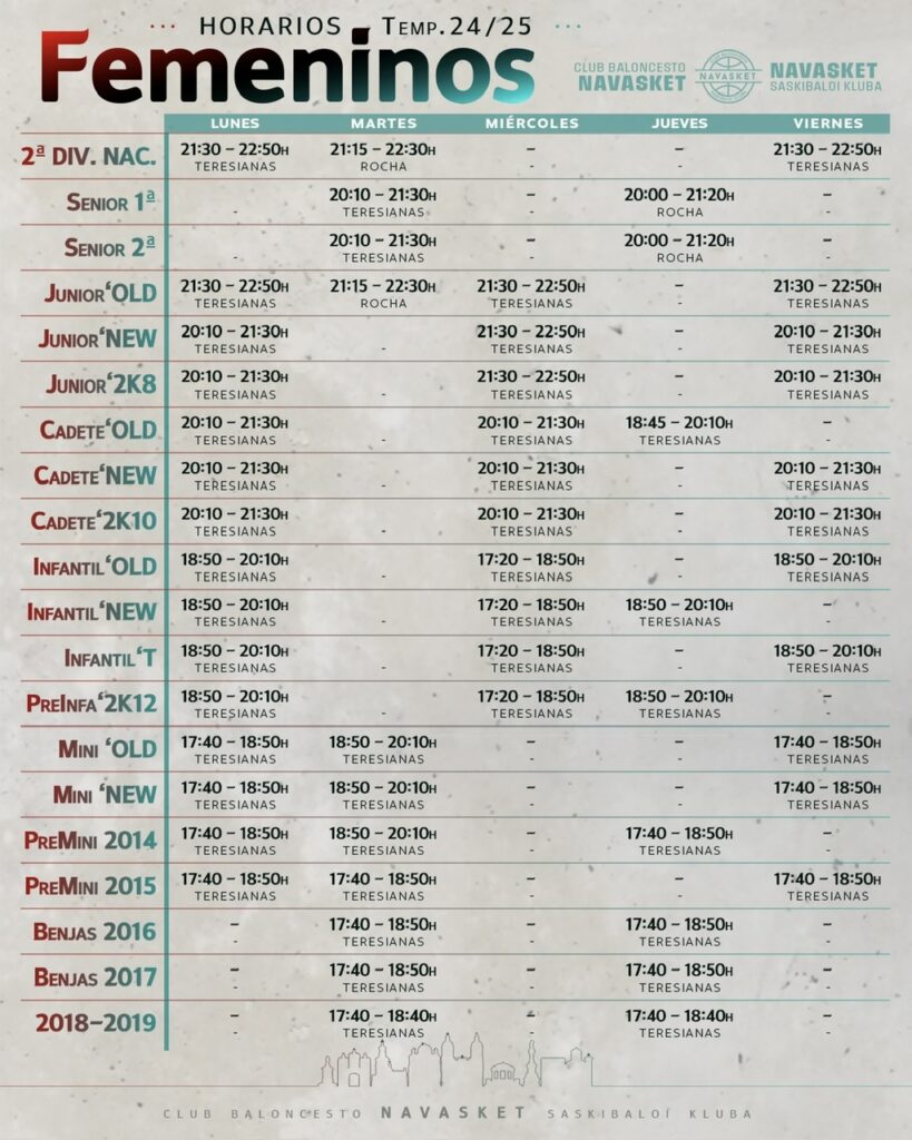 NVT | Horarios equipos Femeninos (temp. 2024-2025)