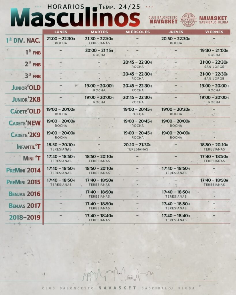 NVT | Horarios equipos Masculino (temp. 2024-2025)